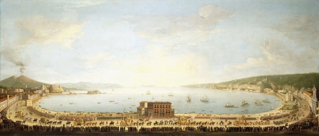 Una vista panoramica del golfo di Napoli, con la Processione Reale a Piedigrotta